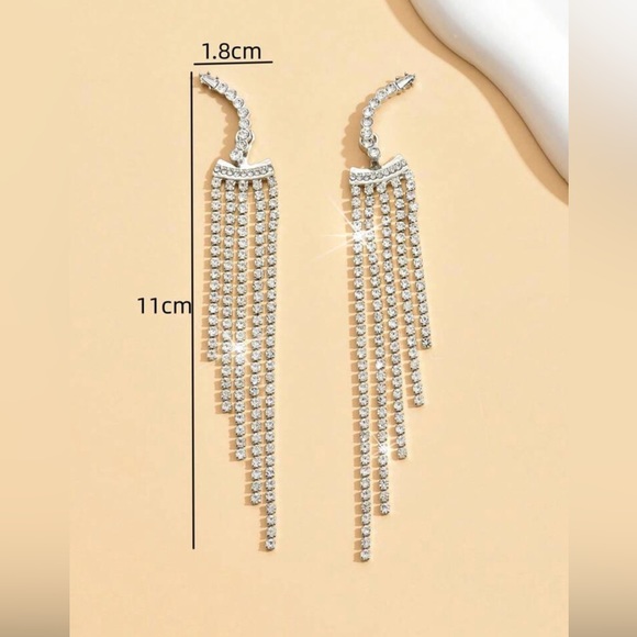 Silver Rhinestone Elegant Tassel Drop Earrings For Wedding Party Gift Women - Picture 4 of 5